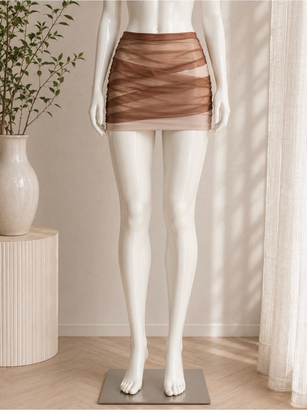⚡️Summer Sale⚡️Women's Sheer Mesh Ruched Mini Bodycon Skirt Nude Layered Design